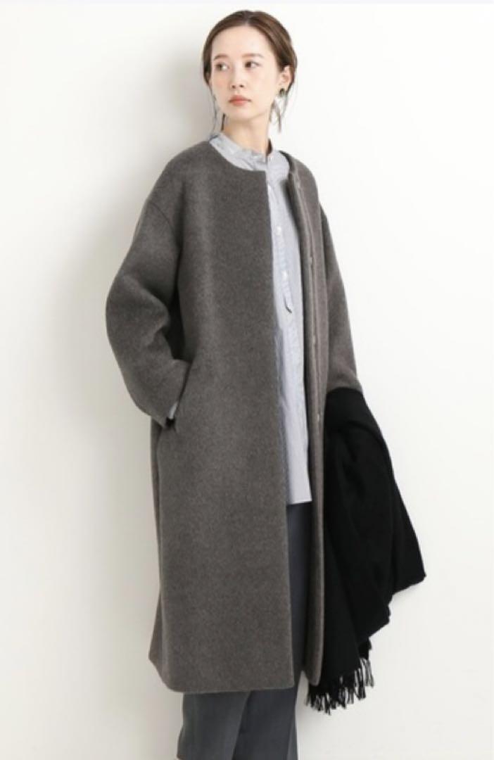 IENA ノーカラーコート　ラムウール　グレージュ　19AW