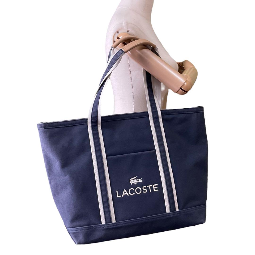 美品 LACOSTE ラコステ トートバッグ ハンドバッグ キャンバス ネイビー