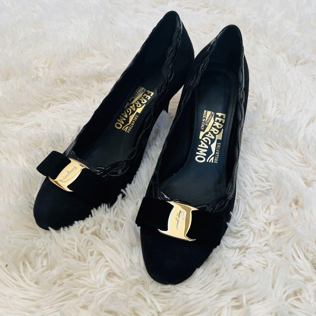 【美品】Ferragamo フェラガモ ヴァラリボンパンプス ローヒール 黒 Salvatore Ferragamo - □美品□ Salvatore Ferragamo