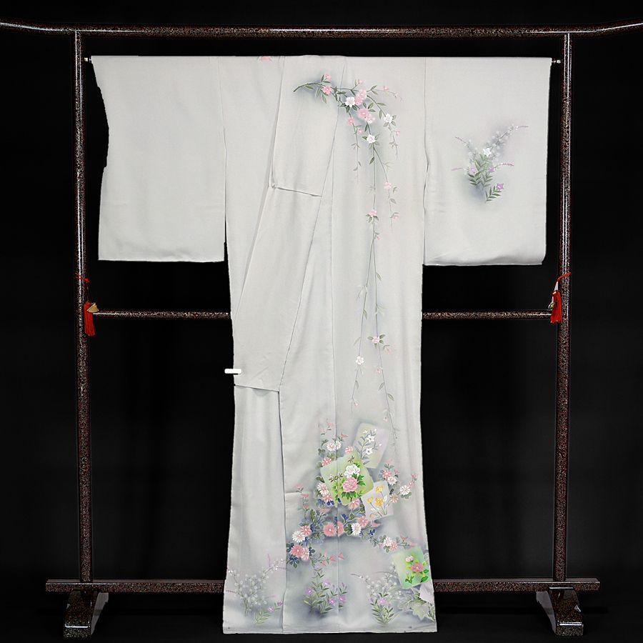 訪問着　ライトグレー　未仕立て　仮絵羽　落款あり　丹後ちりめん　★難あり品★ 訪問着 ライトグレー 未仕立て 仮絵羽 落款あり 丹後ちりめん