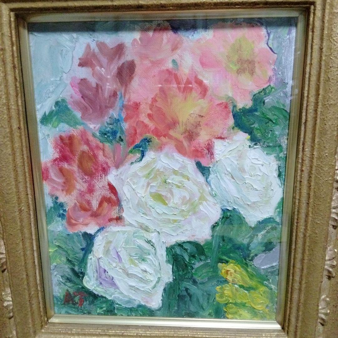 【美品】油絵　額縁入り　お花の絵　金縁　静止画