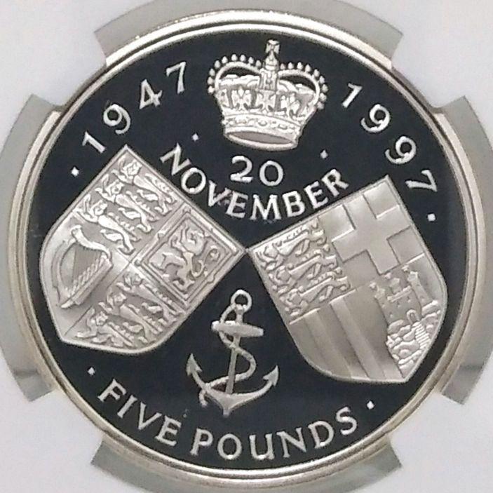1997 ロイヤル ウェディング £5 プルーフ銀貨 NGC PF69UC（1997
