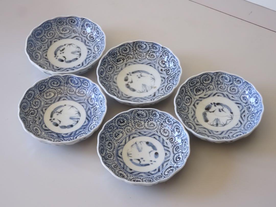 古伊万里焼 膾皿 なます皿 松竹梅文 未使用美品 旧家蔵出し アンティーク 江戸時代 後期 古伊万里 松竹梅 蛸唐草文 膾皿 5客 なます皿 向