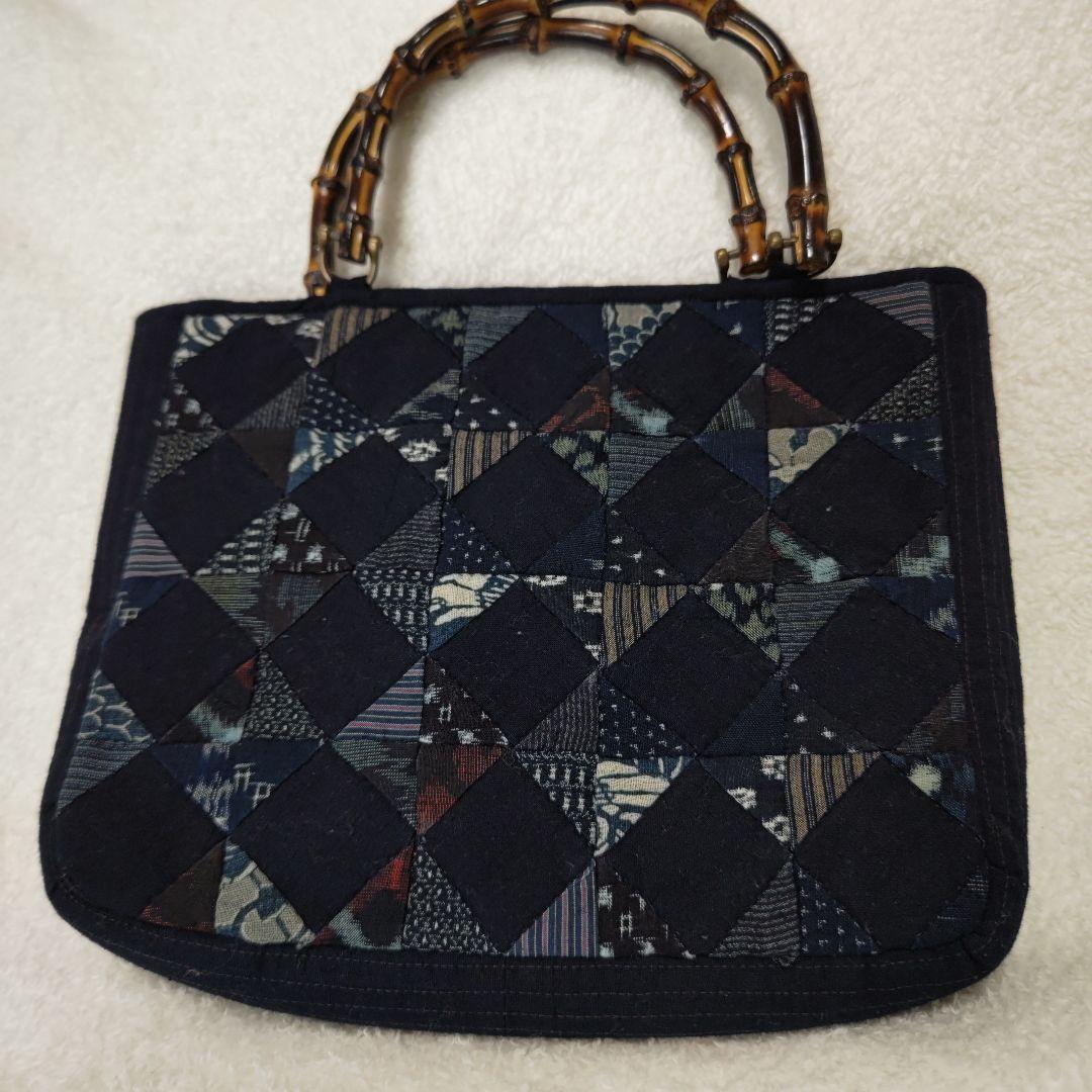 ハンドメイド パッチワーク グラニーバッグ 竹ハンドル ハンドバッグ