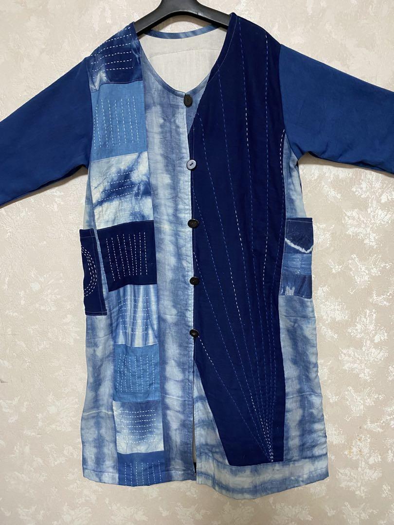 263.藍染めコート、刺し子　丸の型染め　パッチ　絞り染め　手染め 263.藍染めコート、刺し子 丸の型染め パッチ 絞り染め 手染め