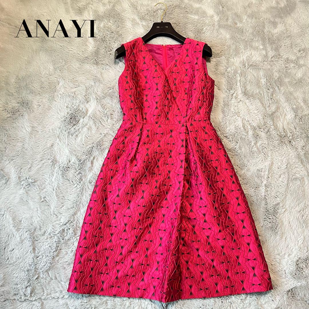 現行 美品 アナイ ANAYI ジャガードワンピース　カットワークレース　レース