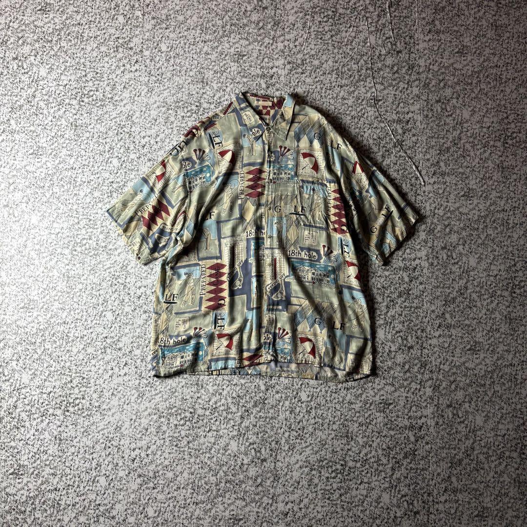 【90sオールド】ゴルファー柄　オーバーサイズ　ヴィンテージ　S/S総柄シャツ