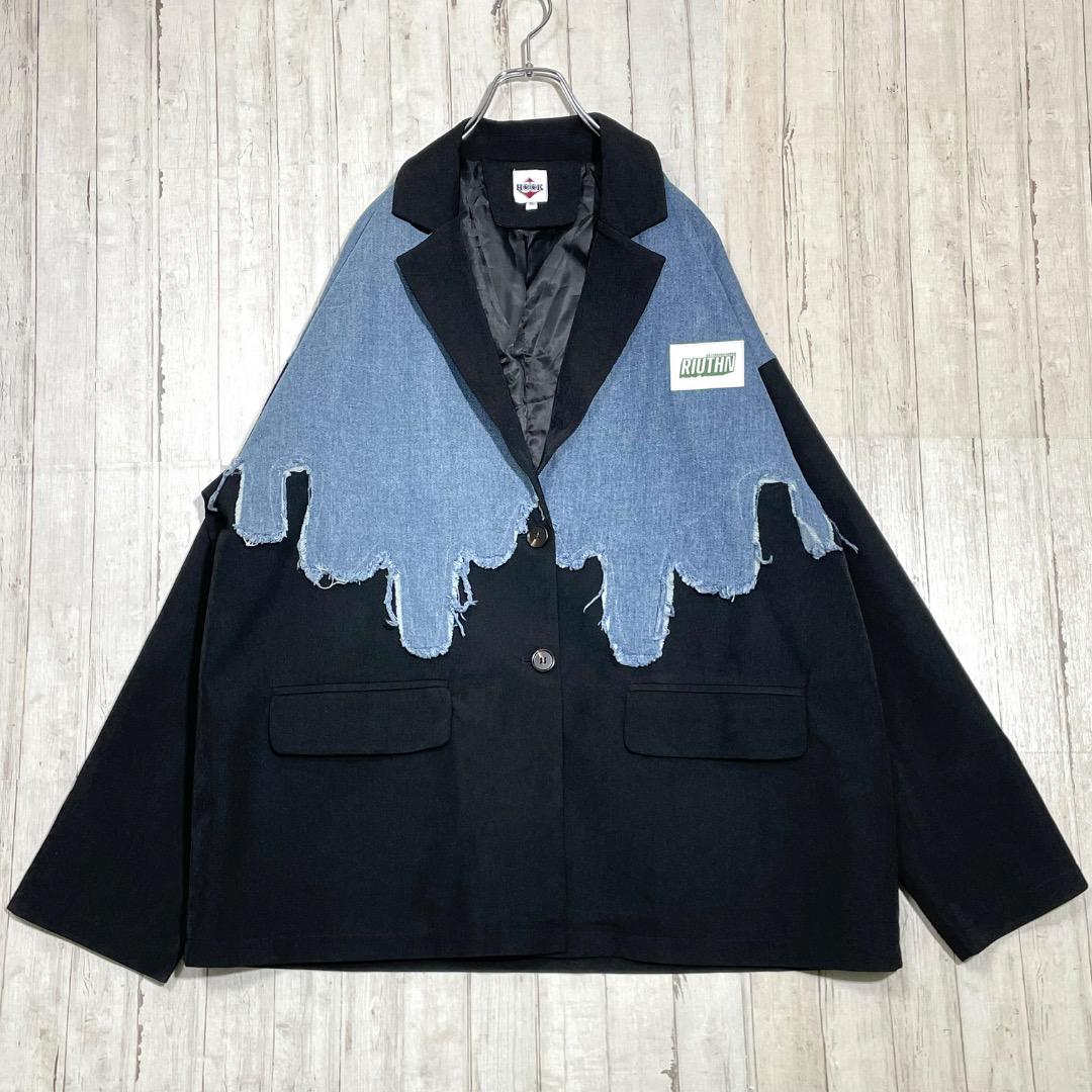 美品 HOOK 刺繍 デニム 異素材 テーラードジャケット オーバーサイズ XL