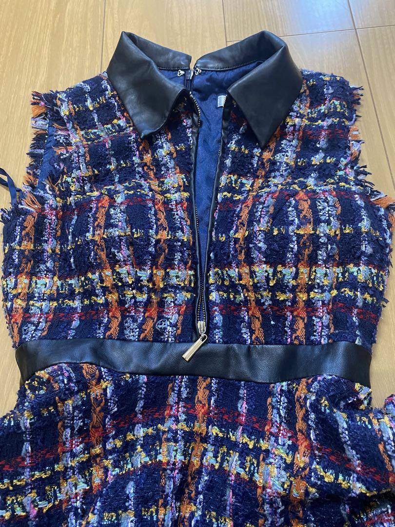 襟フロントジッパーｘツイードフ キャバドレス