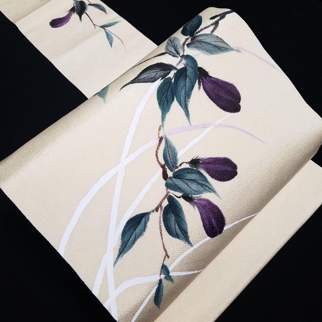 M3302【着物と帯 京月花】■ベージュ茄子縮緬正絹名古屋帯/九寸■