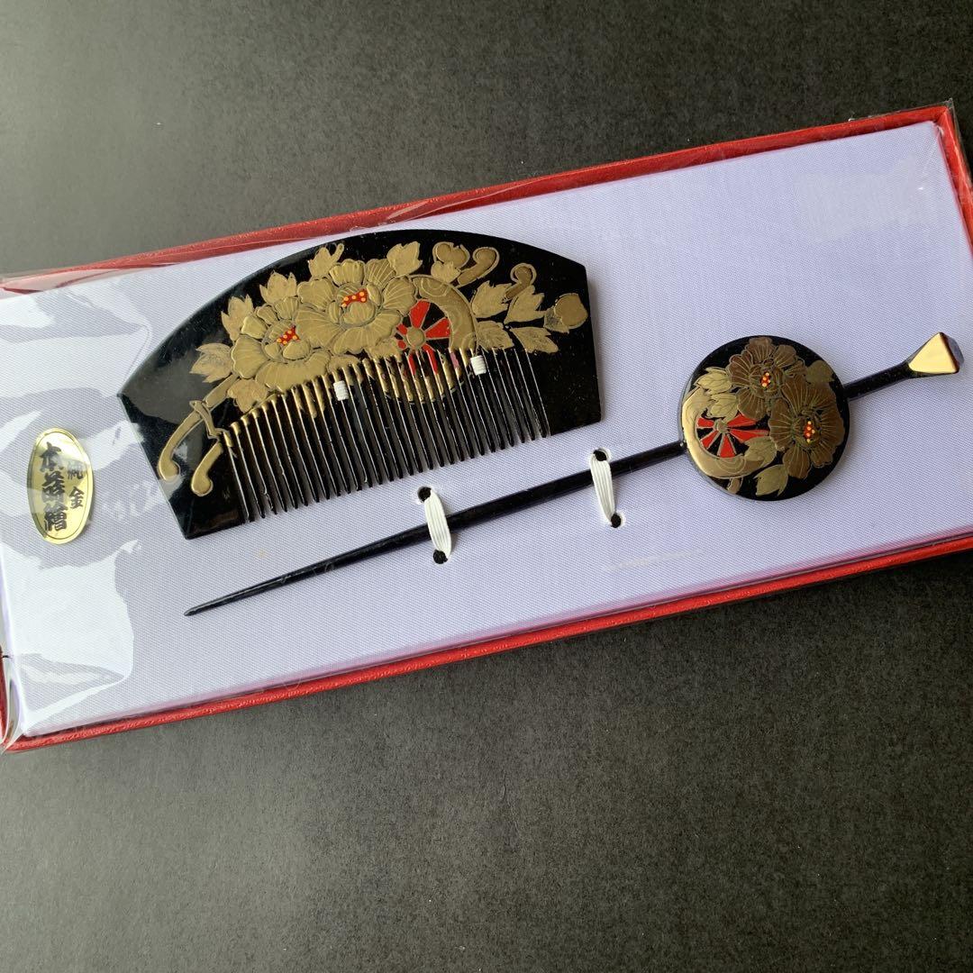 A ntique アンティーク　蒔絵　くし＆かんざしセット アンティーク 櫛 簪 純金 本蒔絵 セット - メルカリ