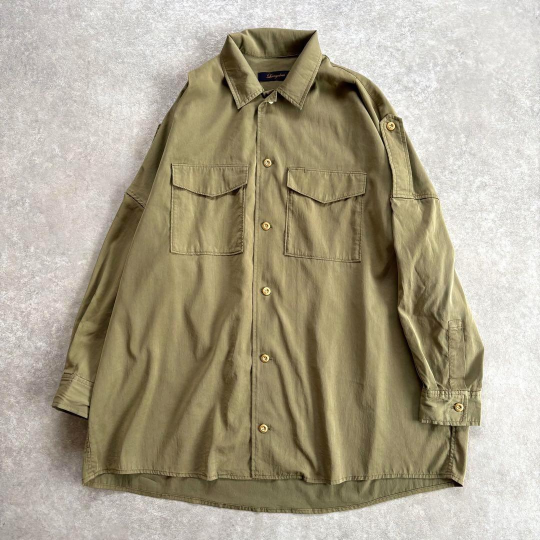 美品 ラウンジドレス 定価2万 ミリタリーシャツ 金釦 オーバーサイズ カーキ