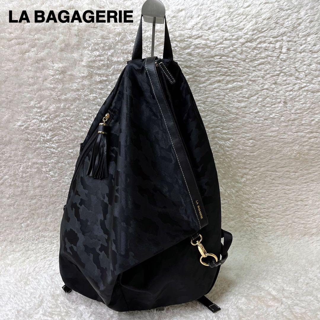 美品LA BAGAGERIEラバガジェリー撥水カモフラ柄口折れリュックブラック