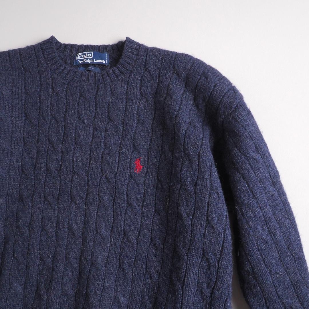ラルフローレン　毛１００％　ケーブルニット　ネイビー　赤ポニー　美品