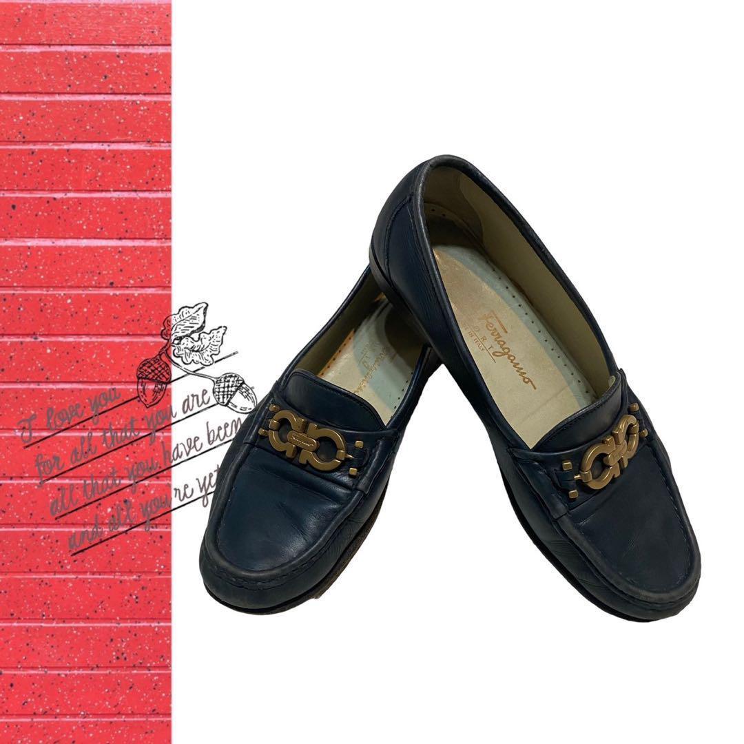 Ferragamo✨ビットローファー ガンチーニ ネイビー ロゴ【24】シンプル