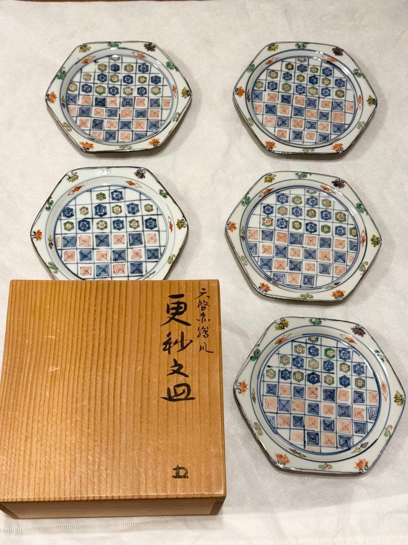 九谷焼 菁華窯 天啓赤絵更紗文5枚セット箱付