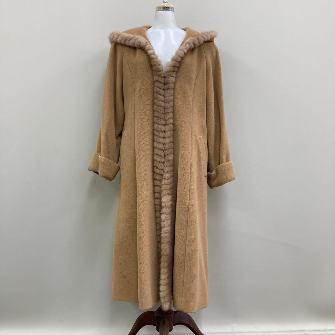 レリアン LEILIAN ベージュ フード付きロングコート アンゴラ混 ミンクM leilian