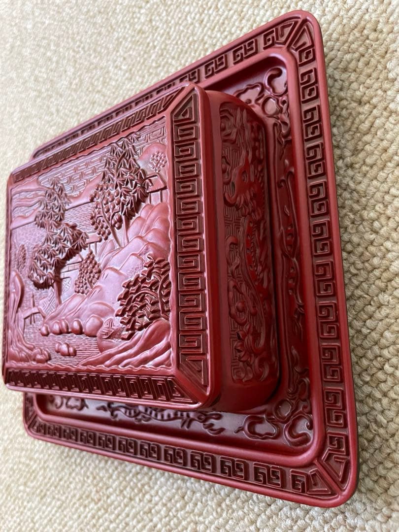 堆朱 文箱 彫刻 中国小物入硯箱 アンティーク 漆塗 - メルカリ