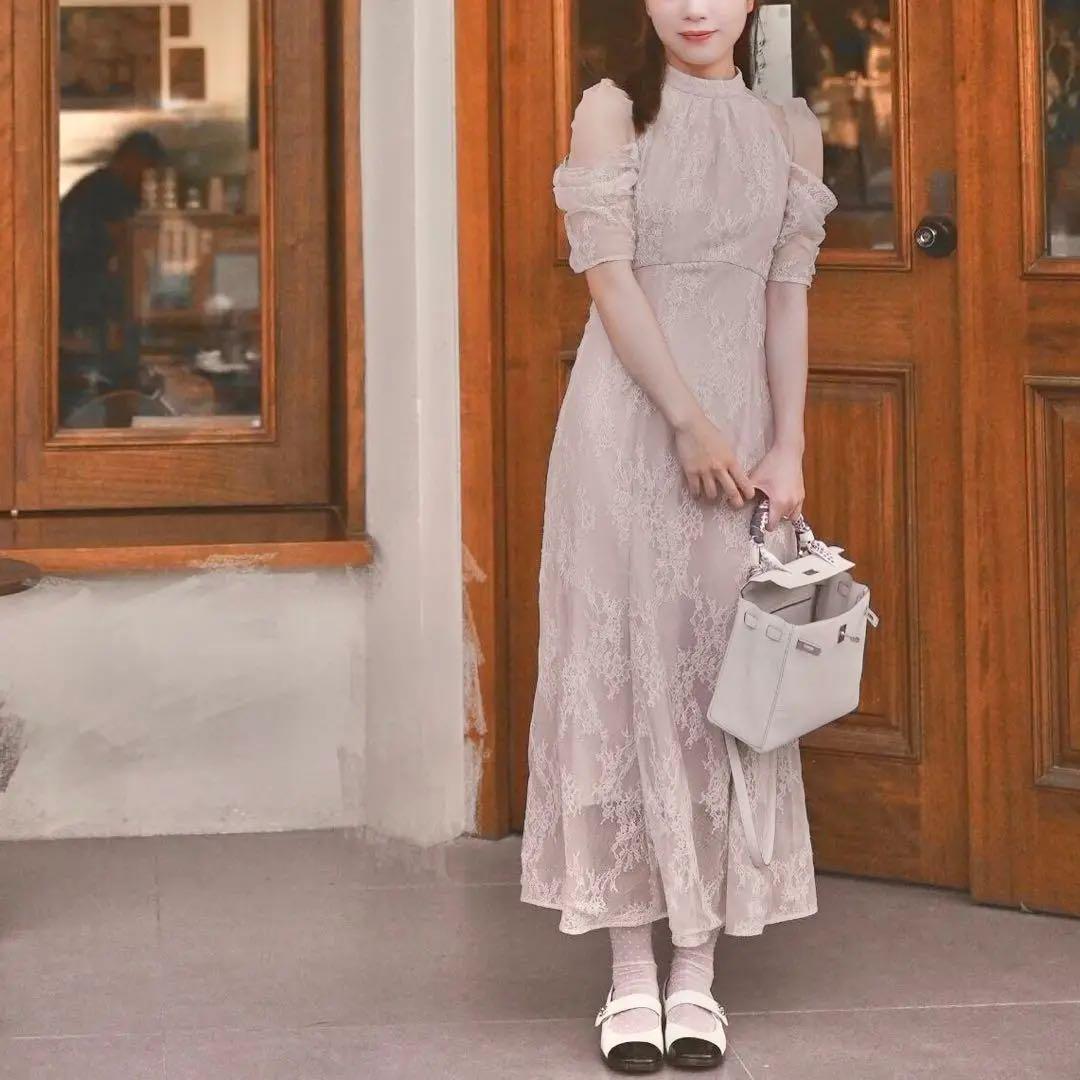 ワンピース　S　ハイウエスト　オケージョン　ピンクベージュ　結婚式　ドレス　清楚 ハイウエスト レースワンピース オケージョン ピンクベージュ S