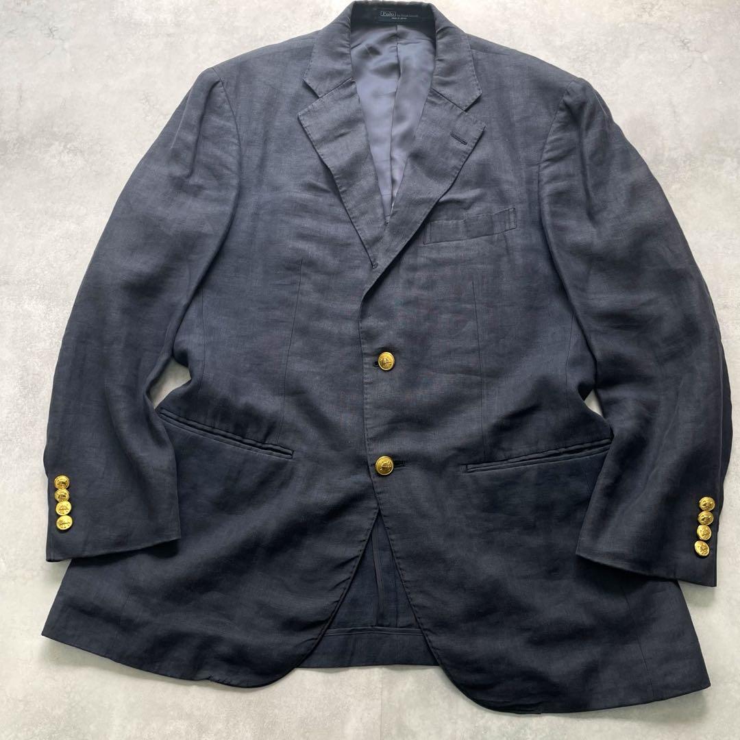 極希少リネン100%✨ポロラルフローレン 紺ブレ 金釦 2XL 90's 日本製