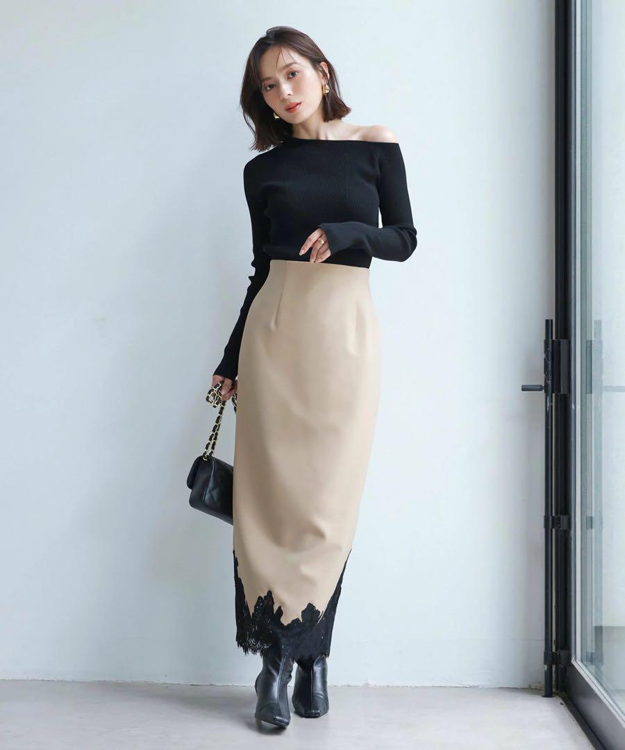 アニュアンス スカラップレースヘム タイトスカートanuans beige