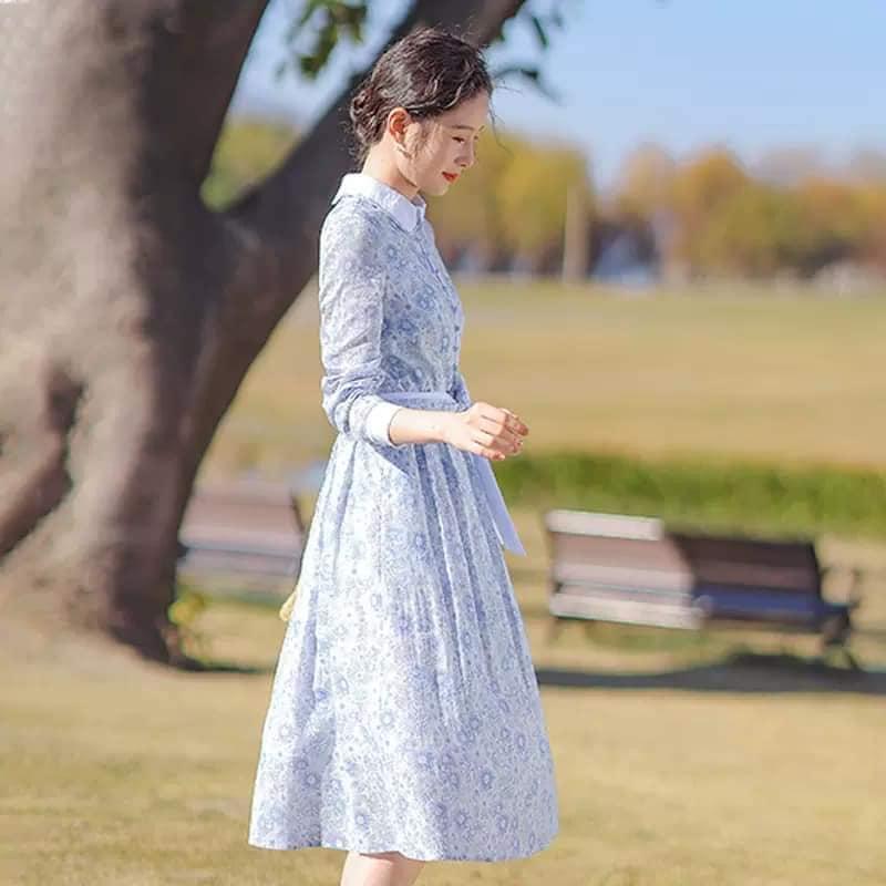 送料無料 日本 花柄 ワンピース 高級感 新品未使用 ベルト付き 【Lサイズ 水色 ワンピース