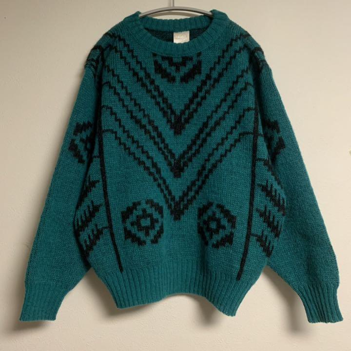 人気定番HOT 希少 vintage ヴィンテージ 総柄 柄 ニット 模様 厚手 グリーン XLO81-m72485442831 100%新品低価