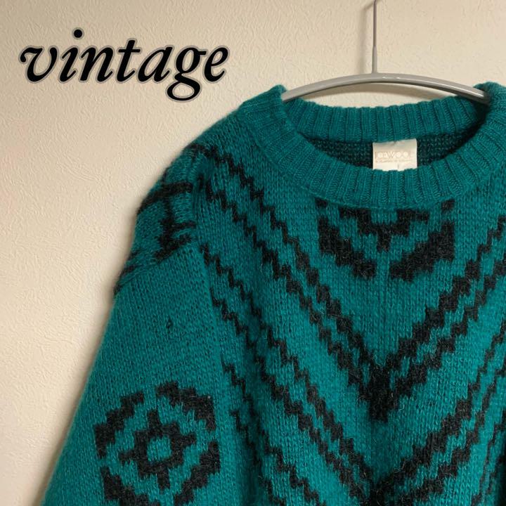 人気定番HOT 希少 vintage ヴィンテージ 総柄 柄 ニット 模様 厚手 グリーン XLO81-m72485442831 100%新品低価