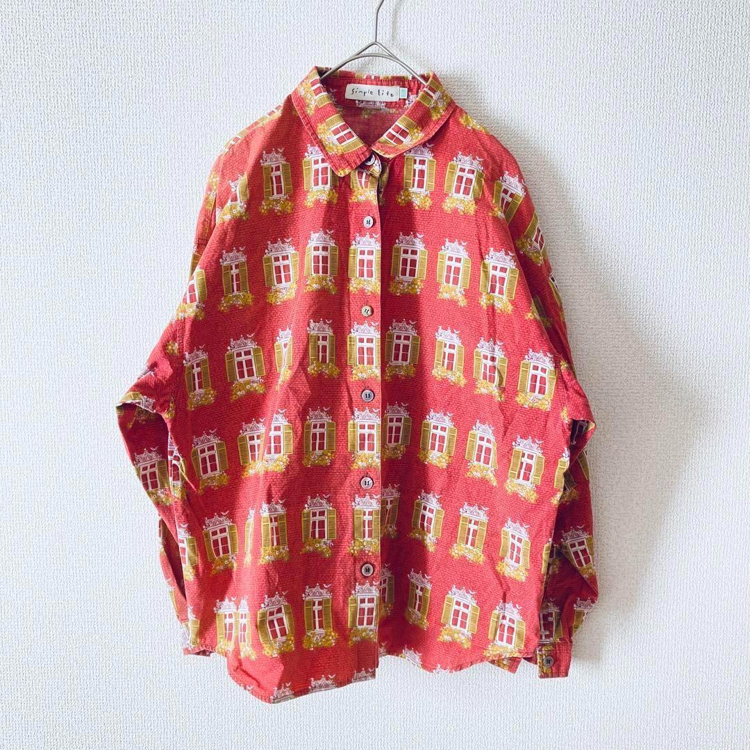 総柄シャツ　オーバーサイズ　個性的　ゆるだぼ　窓柄 古着