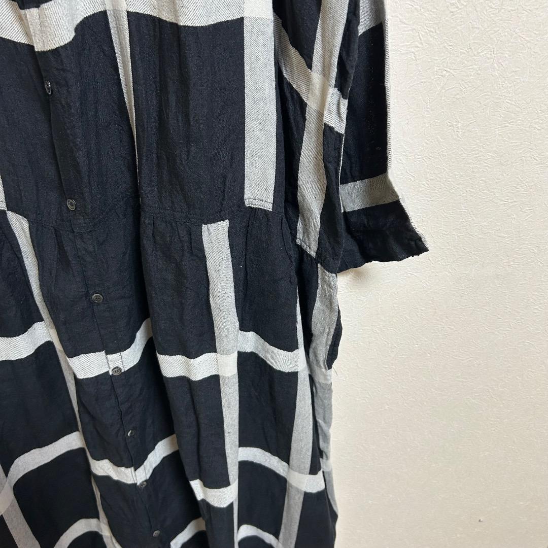 ichi Antiquites コットンリネン ラティスチェックワンピース