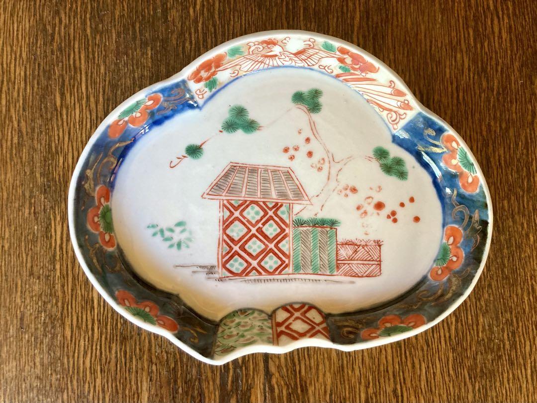 古伊万里 色絵 菊と梅の図 舟形変形皿 5客 526AS-CAk - 美術品