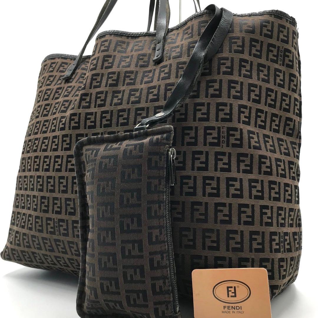 美品/A4収納可能✨フェンディ トートバッグ ズッカ ポーチ付 レザー ブラウン 画像1