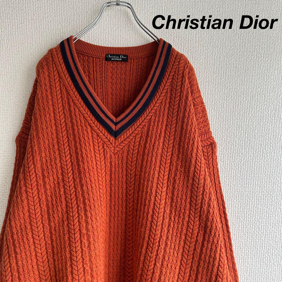 Christian Dior チルデン ニット アラン Vネック オレンジ L