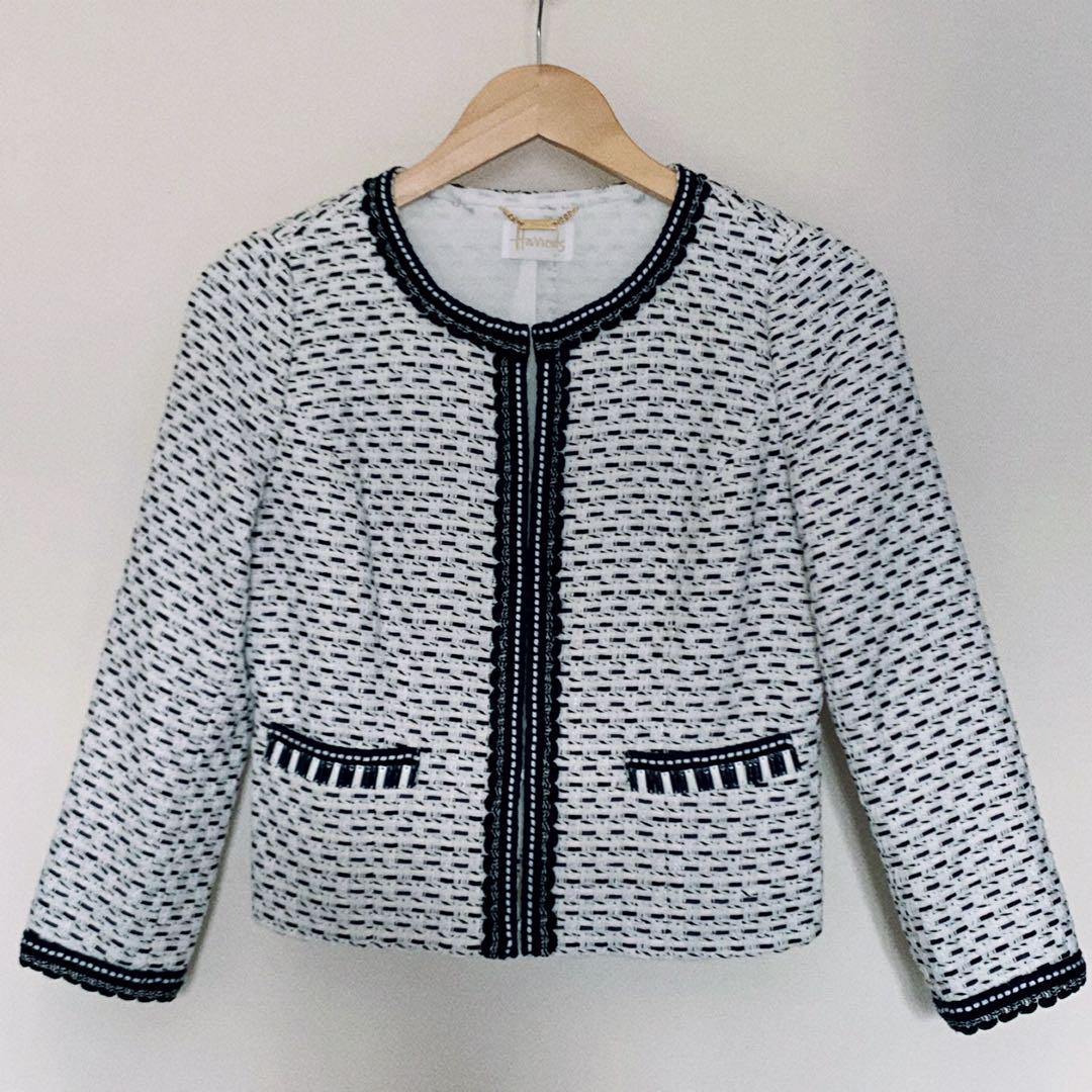 Harrodsハロッズ ノーカラージャケット ツイード　卒入園式　白　ネイビー