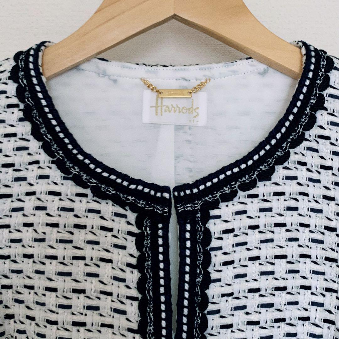Harrodsハロッズ ノーカラージャケット ツイード　卒入園式　白　ネイビー