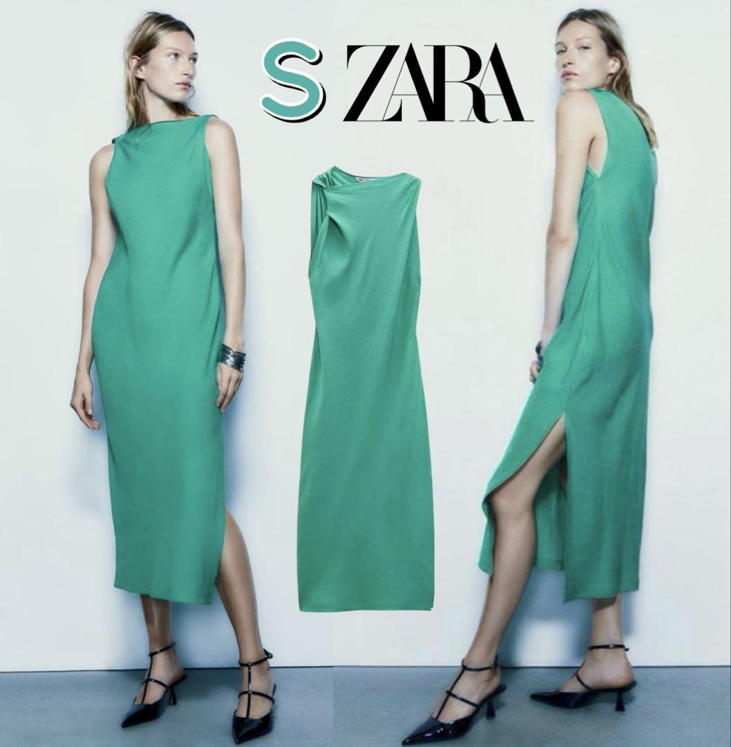 新品 ZARA 定価8,590円 ギャザー リネンブレンド ロングワンピース S