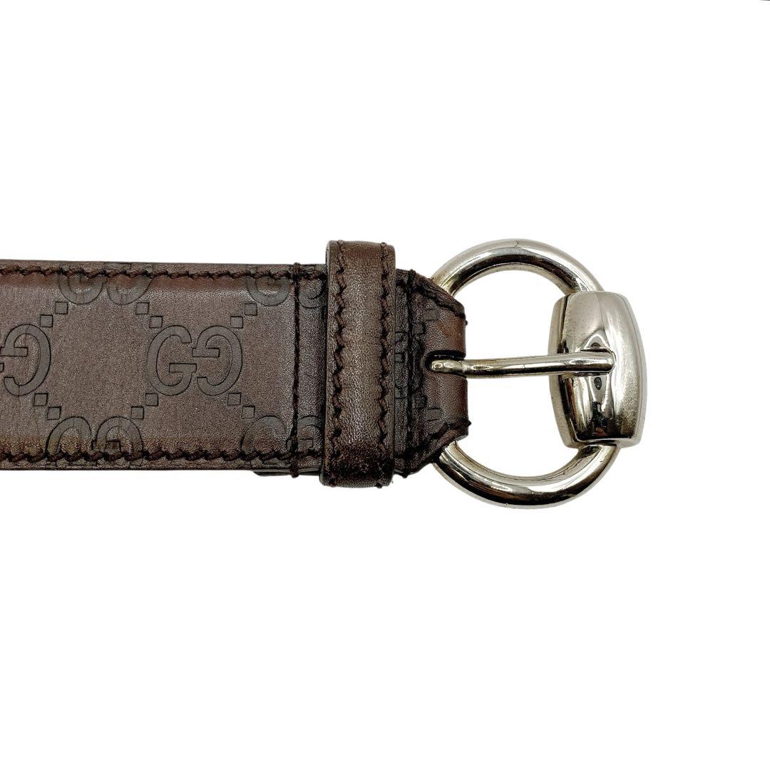 GUCCI✨グッチ　レザーベルト　シマ　総柄　ブラウン　シルバー　刻印　メンズ
