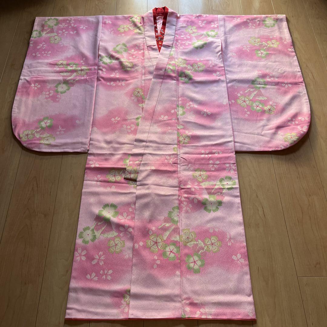 121 ピンク×桜　7歳　七五三着物セット　和装小物　結び帯　日本製