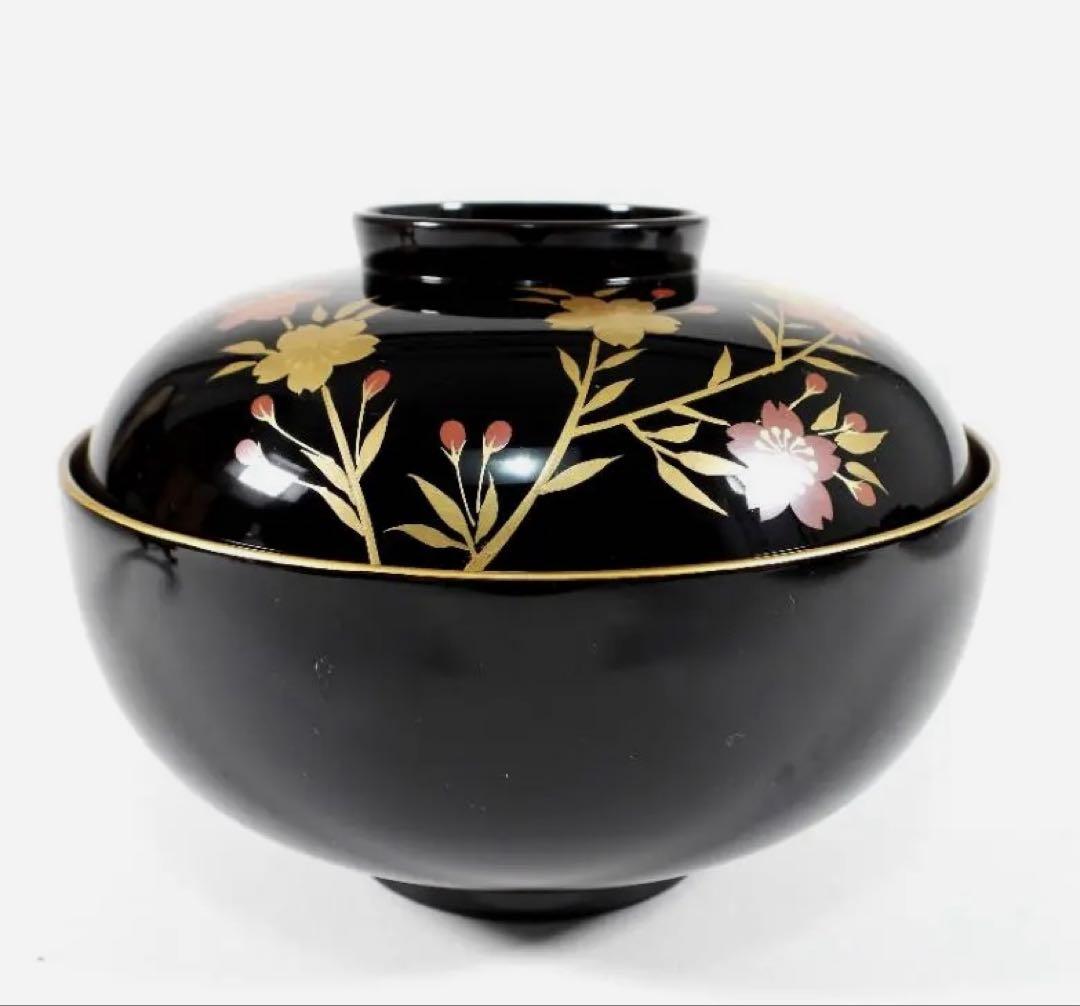 平安 象彦 作 金蒔絵 梅紋 内塗金 漆塗　蓋つき煮物椀 5個セット 箱入 平安 象彦 作 金蒔絵 梅紋 内塗金 漆塗 蓋つき煮物椀 5個セット