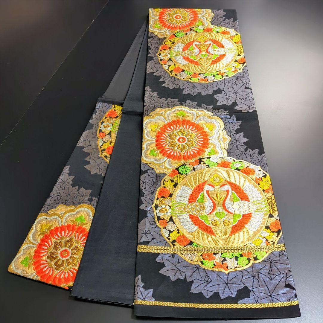 H-298 袋帯 正絹 六通 箔 銀糸 芝 亀甲 楓 華模様 シルバー 平和屋着物□六通柄袋帯 唐織 花亀甲文 黒地 金銀糸 正絹