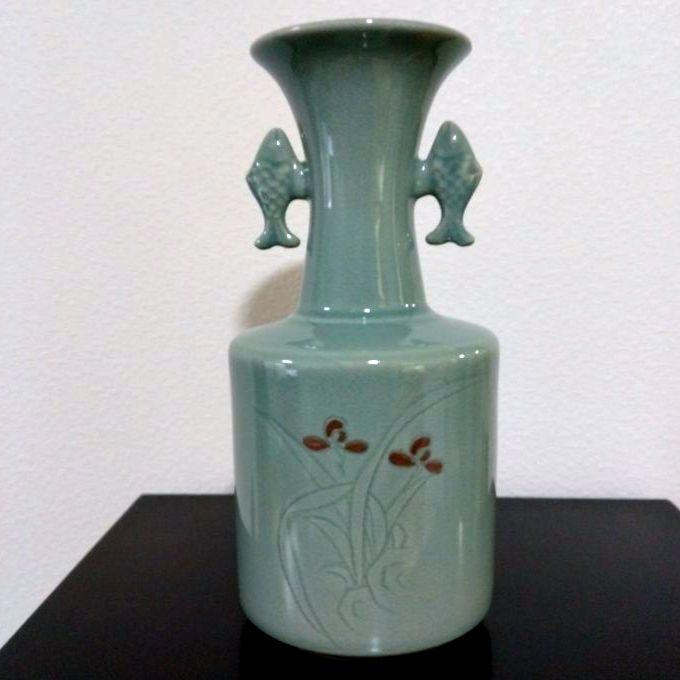 趙京陶芸研究院 趙京洙作 青色陶器花瓶 魚の持ち手付き 骨董品 希少価値あり