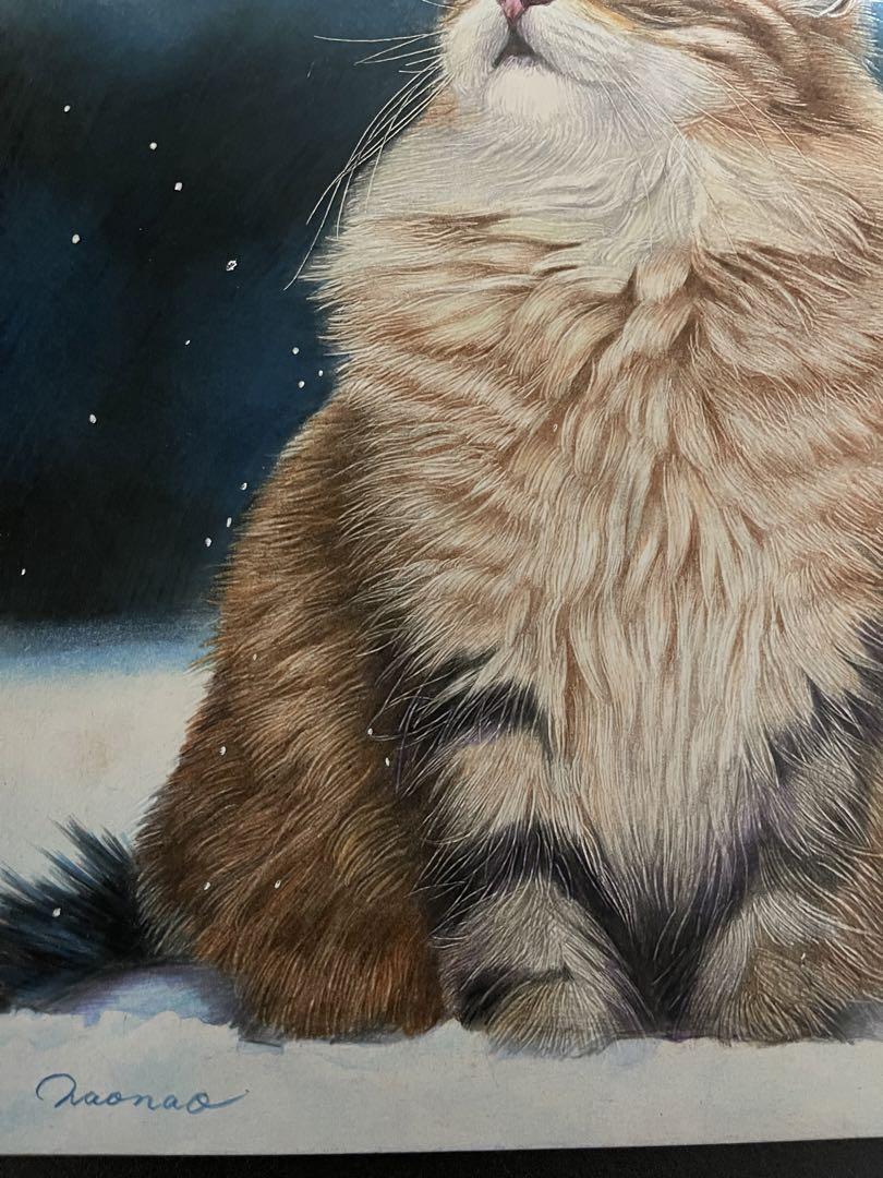 色鉛筆画 A4 雪空を見上げる猫ちゃん