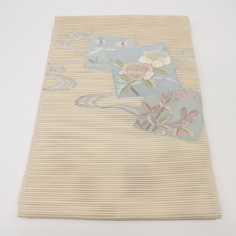 夏【駒絽】綴れ　名古屋帯 色紙花刺繍 生成色 和装 正絹 普段着物 7NY13 夏【駒絽】綴れ 名古屋帯 色紙花刺繍 生成色 和装 正絹 普段着物