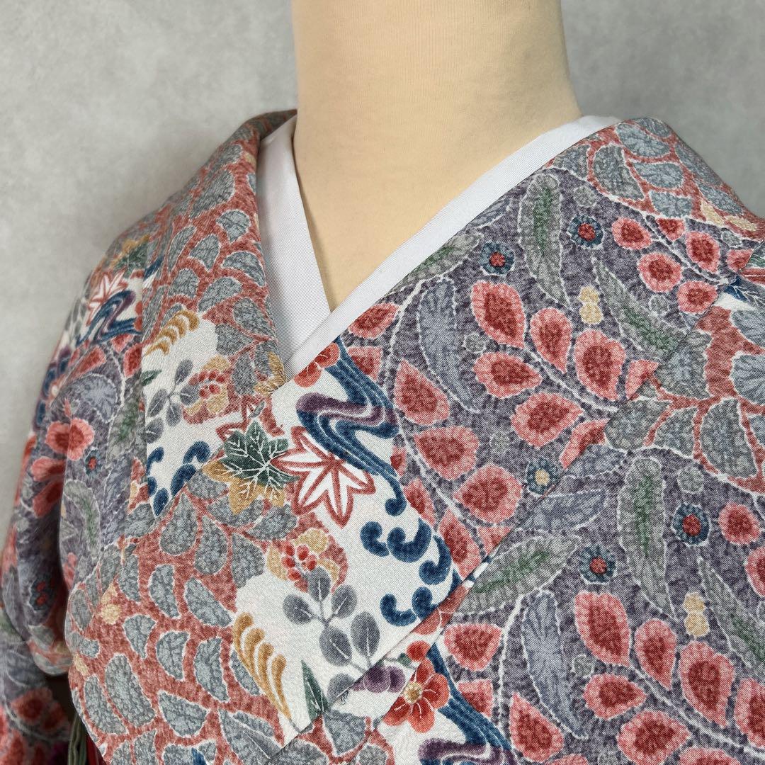 小紋　フルセット　着物　正絹　花　紫　しつけ糸付き　B2-t