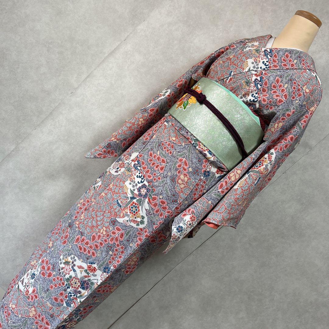 小紋　フルセット　着物　正絹　花　紫　しつけ糸付き　B2-t