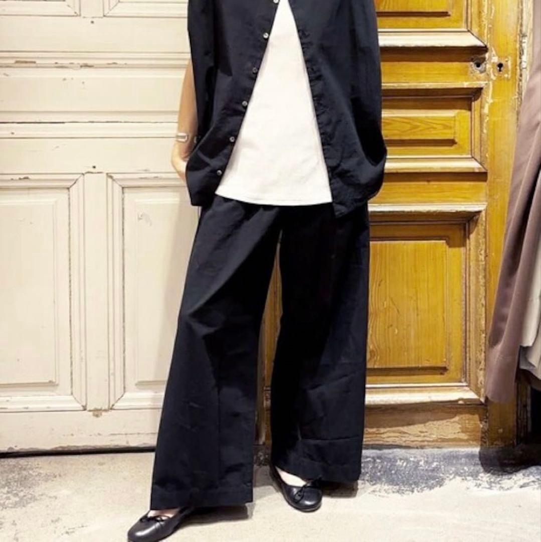 極美品 24SS ビアズリー ウエストリブ 綿ワッシャーパンツ 黒 S ワイド