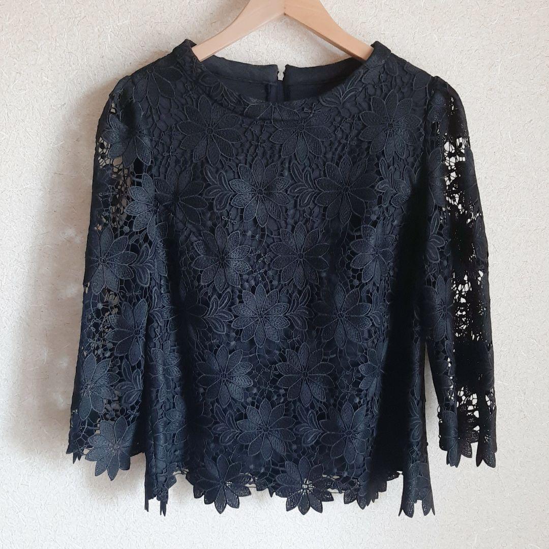 CHRISCELIN 総レース七分袖ブラウス ブラック黒 花柄 カットワーク