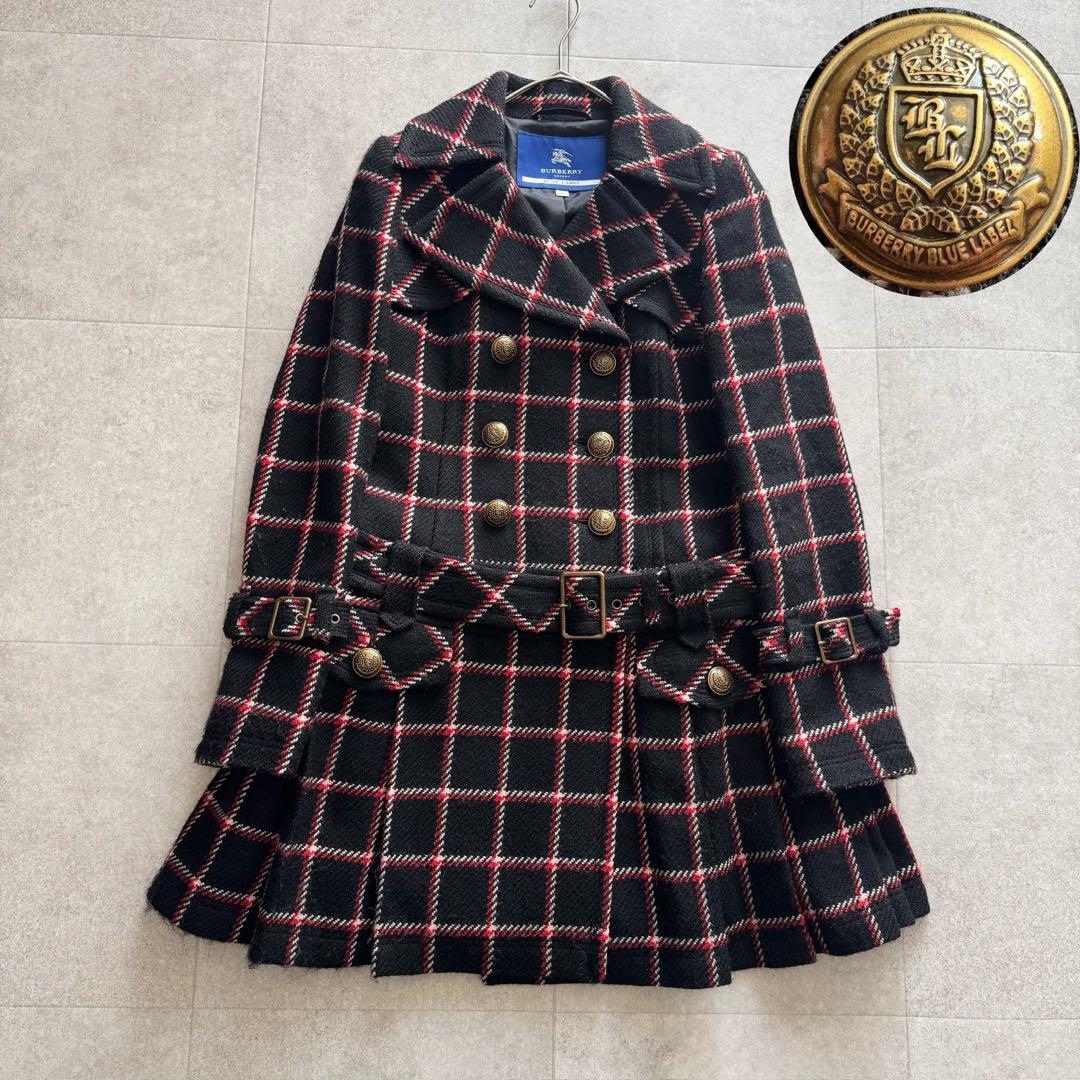 バーバリーブルーレーベル　プリーツチェックコート　ベルト　金ボタン　Y2K 36