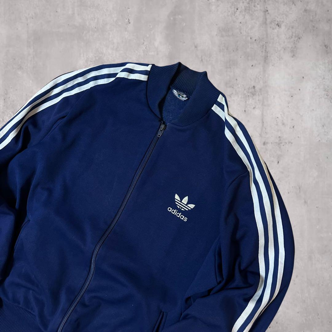 80s adidasヴィンテージトラックジャケット刺繍トレフォイルネイビーJ97