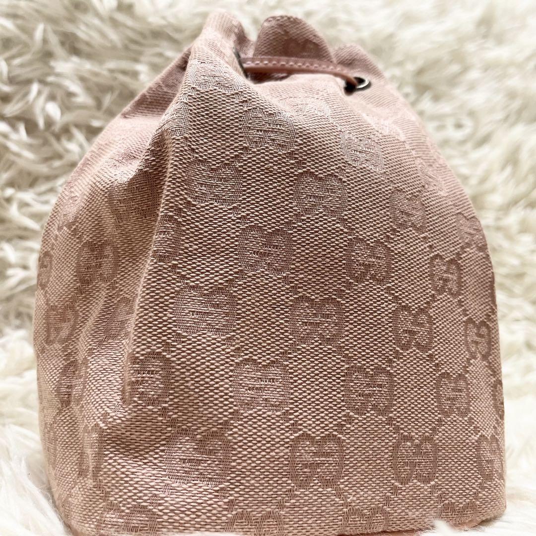 美品　グッチ　ポーチ　小物入れ　巾着　キャンバス　GG ピンク　金具